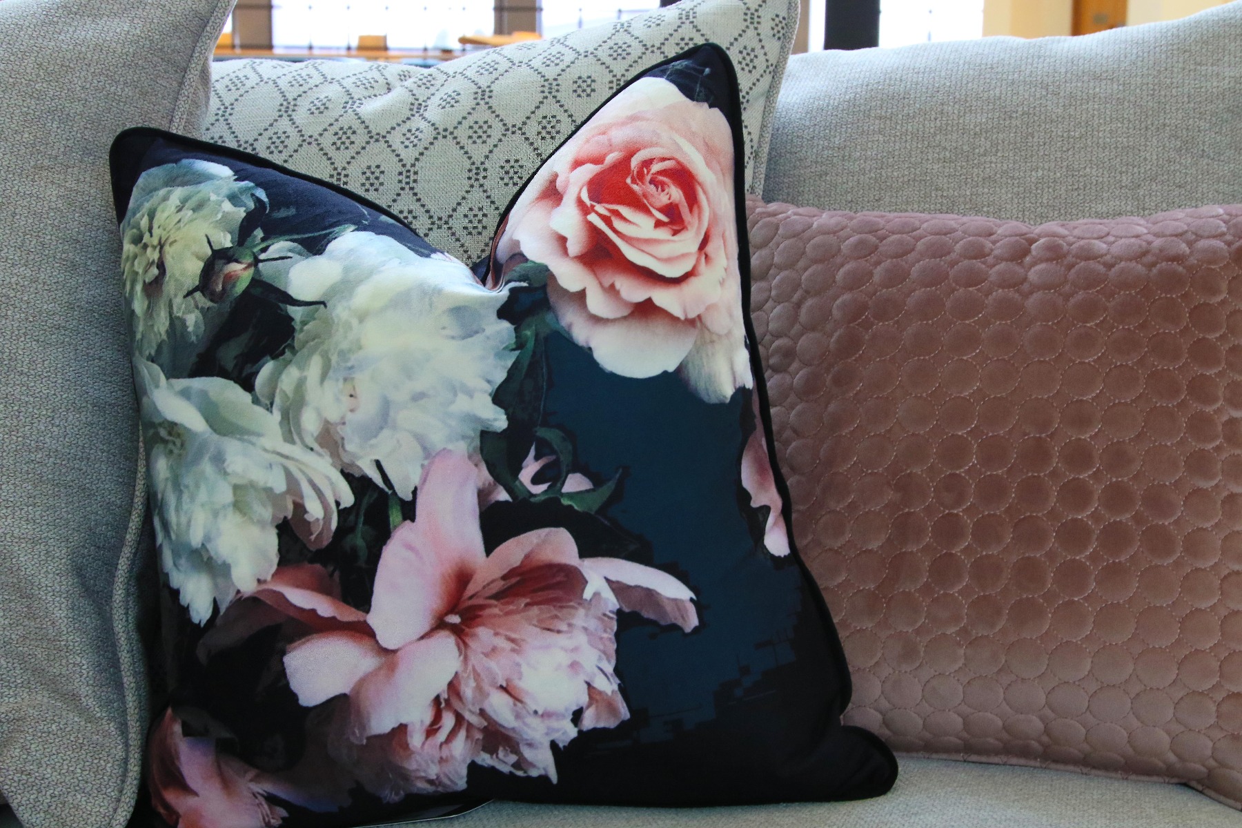 Dark Navy Cushions with pink roses